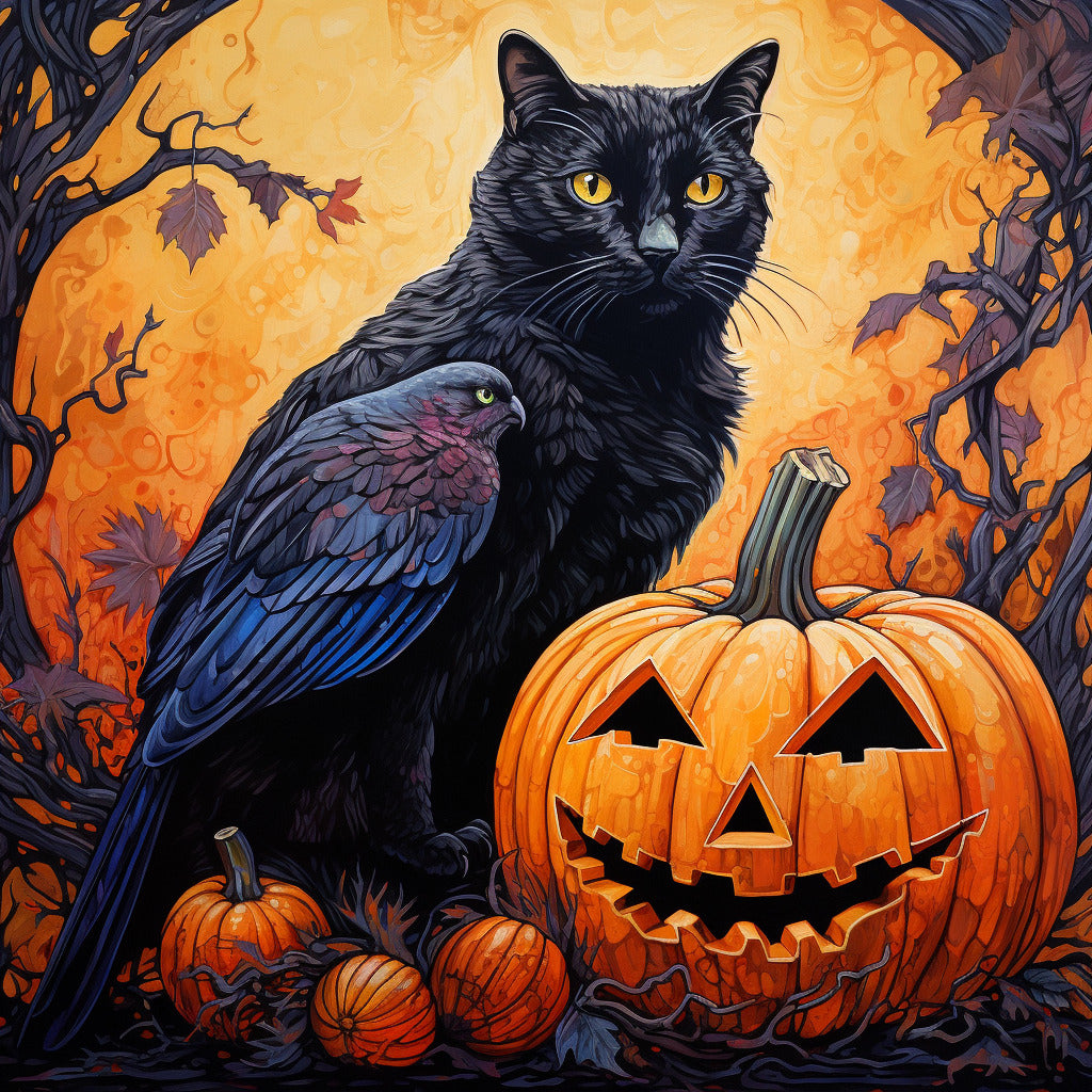 Malen nach Zahlen - Halloween Kürbis mit Krähe und Katze
