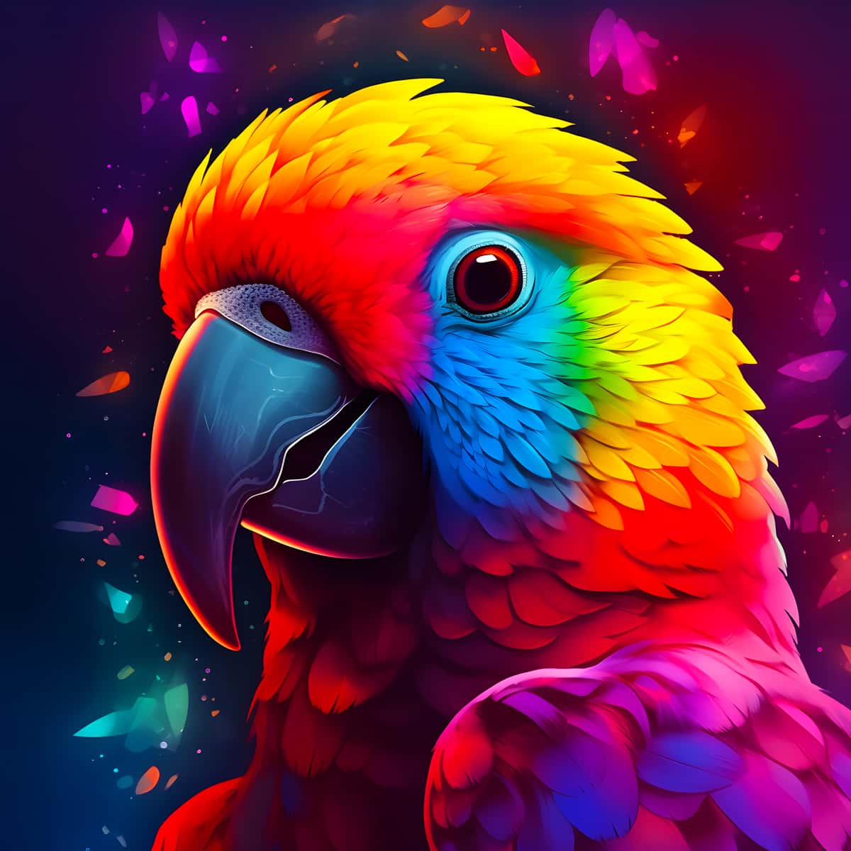 Colorful parrot frontal view with vibrant feathers in diamond painting art style
