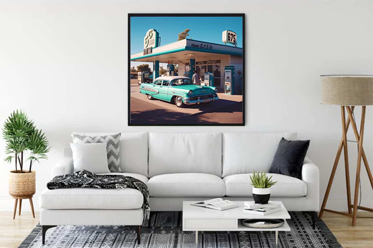 Retro automobile painting in a modern living room, depicting a vintage car at a 1950s gas station.
