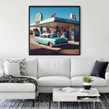 Retro automobile painting in a modern living room, depicting a vintage car at a 1950s gas station.