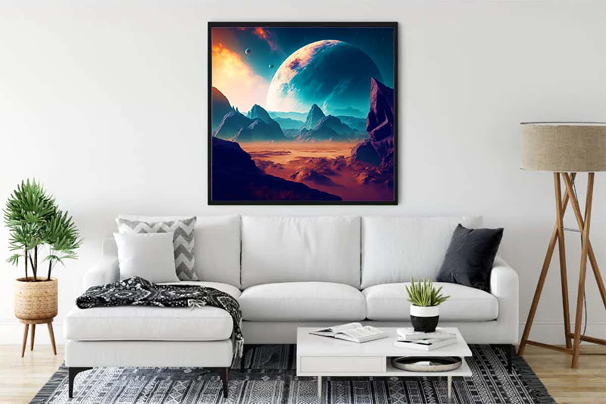 Painting by numbers fantasy landscape titled "Fantasylandschaft Blue" displayed above a modern white sofa in a contemporary living room.