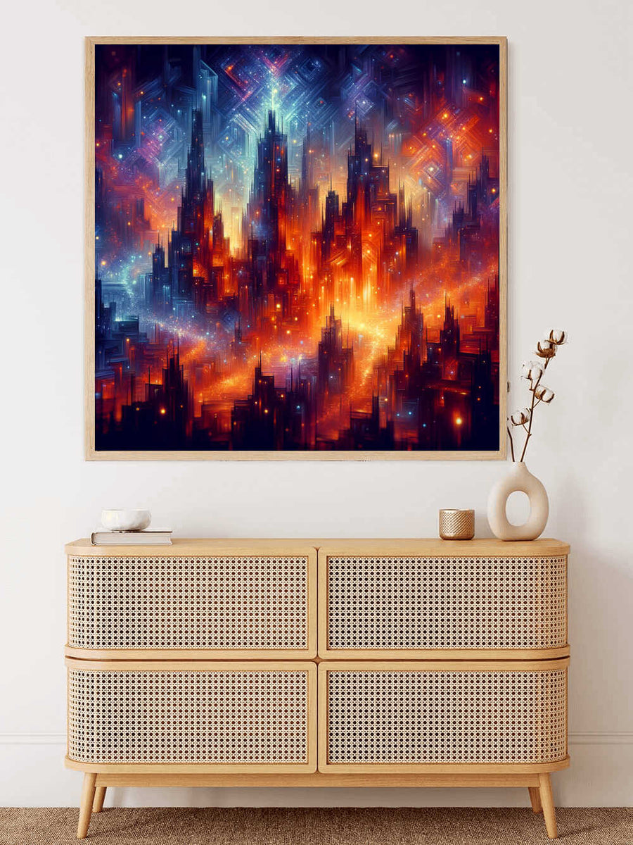 AB Diamond Painting Glühende Metropole abstrakte Stadt mit orangenen und blauen Lilatönen, leuchtende Wolkenkratzer Silhouetten auf Wand über Kommode