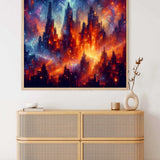AB Diamond Painting Glühende Metropole abstrakte Stadt mit orangenen und blauen Lilatönen, leuchtende Wolkenkratzer Silhouetten auf Wand über Kommode
