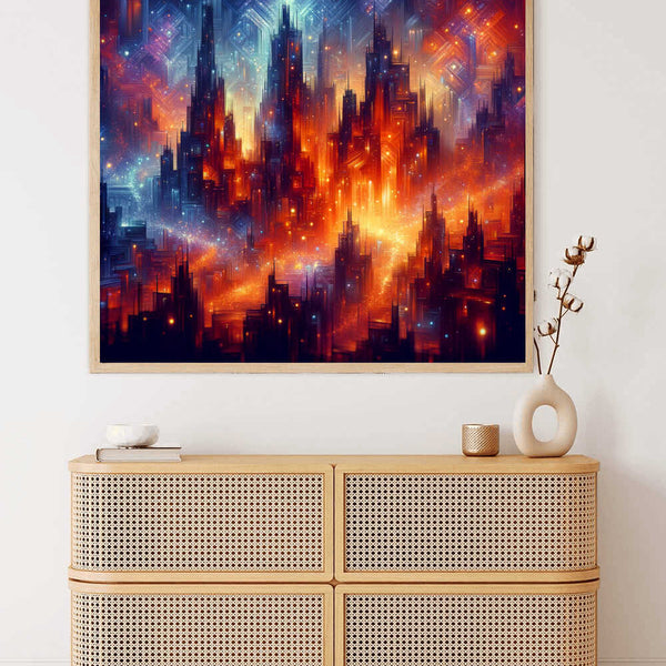 AB Diamond Painting Glühende Metropole abstrakte Stadt mit orangenen und blauen Lilatönen, leuchtende Wolkenkratzer Silhouetten auf Wand über Kommode
