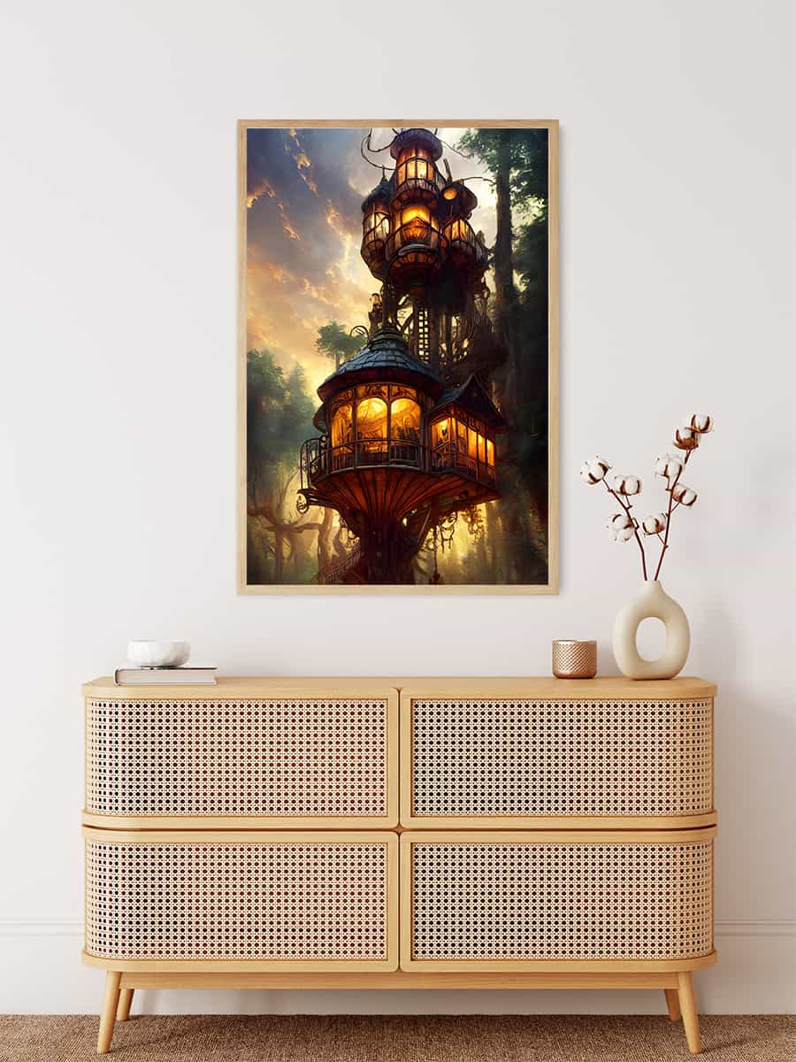 "Malen nach Zahlen - Waldturm painting showcasing a mystical forest tower displayed above a wicker dresser in a modern, minimalist room"