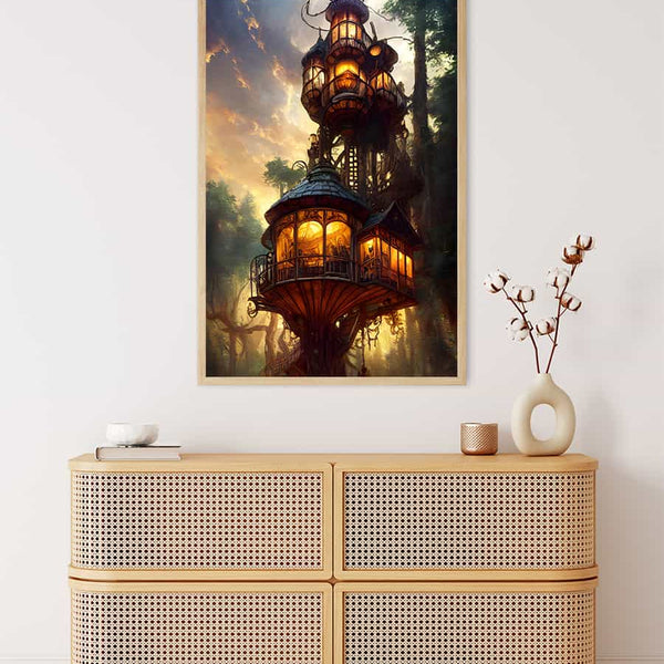 "Malen nach Zahlen - Waldturm painting showcasing a mystical forest tower displayed above a wicker dresser in a modern, minimalist room"