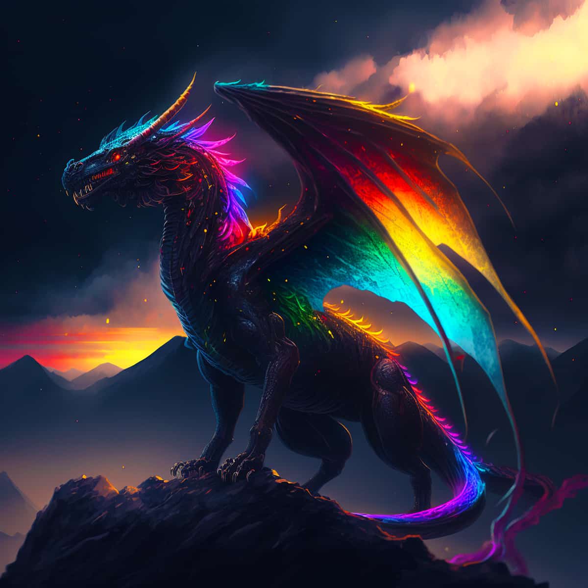 Diamond Painting - Drachenschatten Kit with colorful dragon on a mountain at sunset.