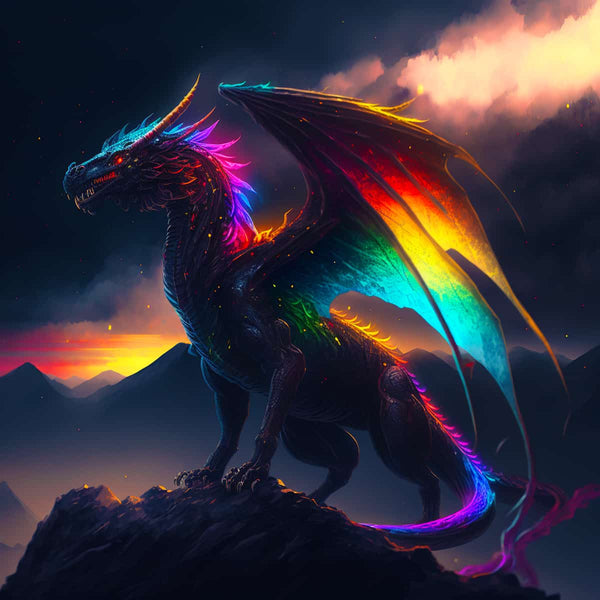 Diamond Painting - Drachenschatten Kit with colorful dragon on a mountain at sunset.