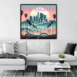 Painting of Los Angeles skyline with palm trees, displayed in a modern living room, highlighting 