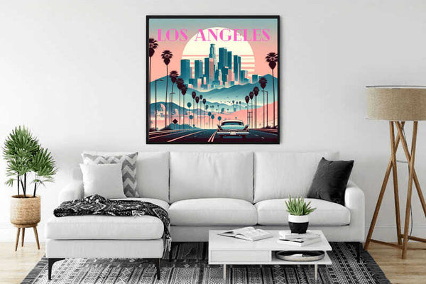 Painting of Los Angeles skyline with palm trees, displayed in a modern living room, highlighting "Träume von Los Angeles" theme.