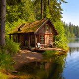 Diamond Painting Kit - Haus am Seeufer, umgeben von Wald und ruhigem See, ideal für funkelnde Kunstwerke.