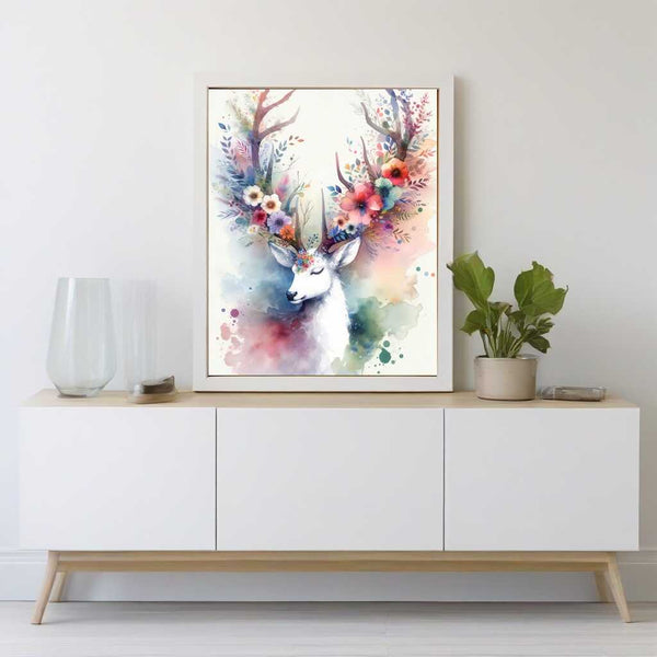 Malen nach Zahlen - verträumtes Reh mit buntem Blumenmeer im Geweih, moderne Illustration, zarte Aquarellfarben auf weißem Hintergrund.