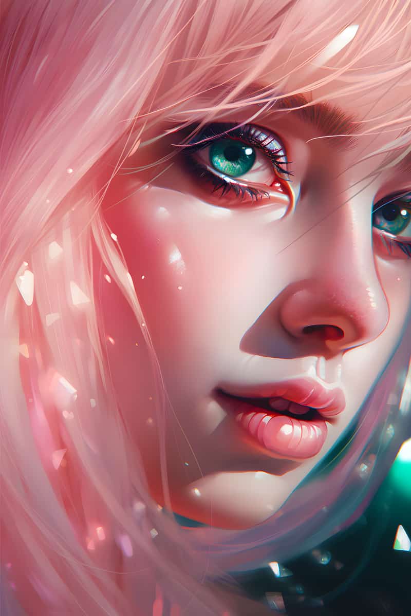 Close-up of a digital artwork depicting a woman's face with pink hair, green eyes, and sparkling light effects.