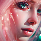 Close-up of a digital artwork depicting a woman's face with pink hair, green eyes, and sparkling light effects.
