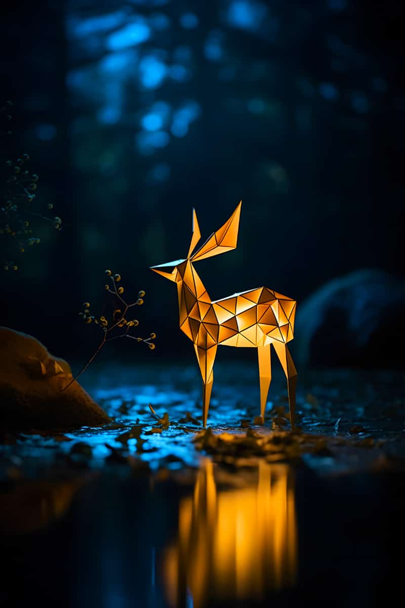 Leuchtendes Reh im Wald bei Nacht - Diamond Painting Kunstwerk mit funkelnden Acryl Diamonds, faszinierendes Motiv auf Profi-Leinwand.