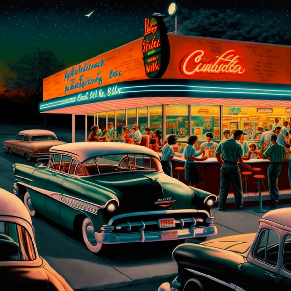 Malen nach Zahlen - Vintage-Tankstelle und Chromjuwel bei Nacht mit klassischem Auto und lebhafter Szene