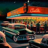 Vintage Tankstelle und Chromjuwel bei Nacht, bevölkert mit klassischen Autos und Menschen, die Kunst des Diamond Paintings erwecken