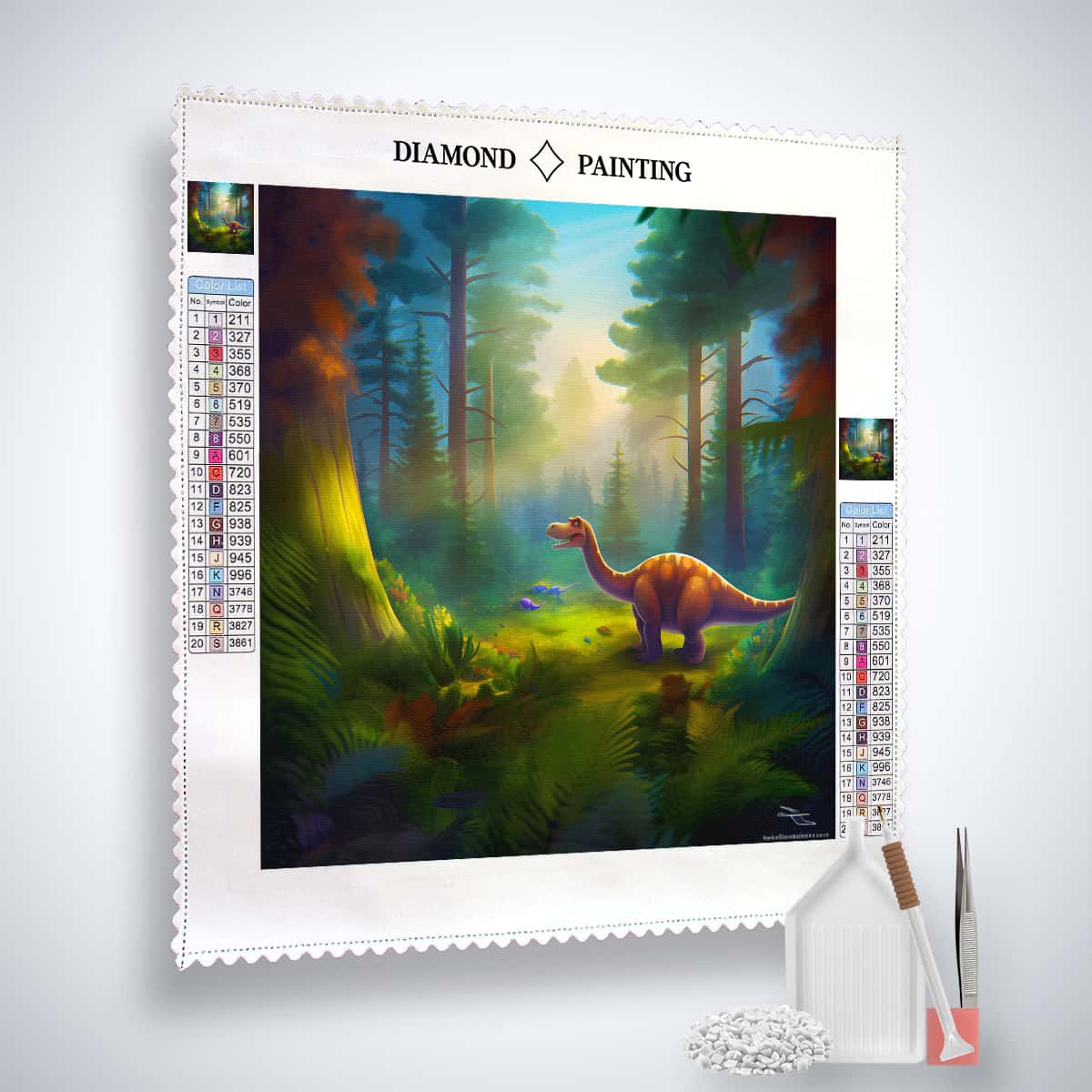 Diamond Painting Kit - Dinosaurier im Wald, Profi-Leinwand mit glänzenden Acryl Diamanten, Künstler-Werkzeuge inklusive