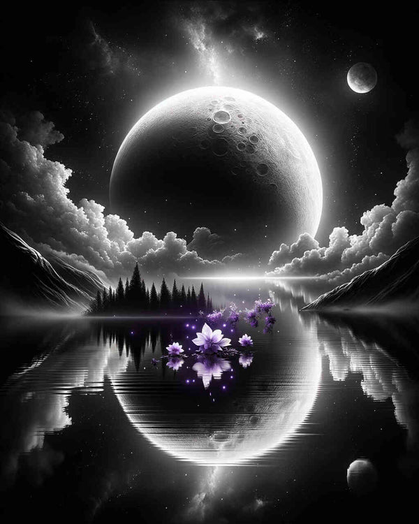 Malen nach Zahlen - Schwarz Weiß, Mondspiegelung
