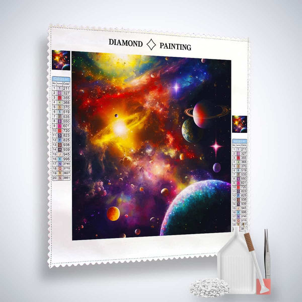 Diamond Painting Weltraumnebel set with canvas, acrylic diamonds, tweezers, and pen showing a colorful space nebula design.
