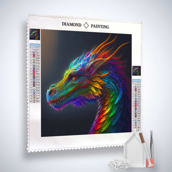 Diamond Painting Kit featuring a vibrant, multicolored dragon with included tools for creating sparkling artwork.