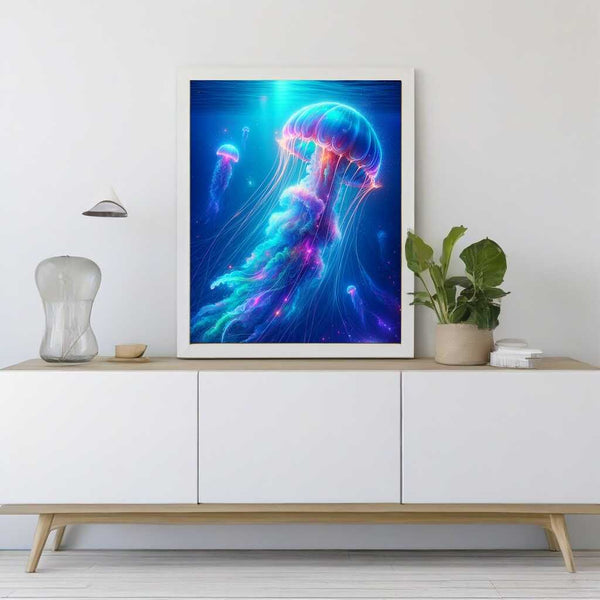 Diamond painting featuring a mystical jellyfish swimming majestically in azure depths, surrounded by intense purples and delicate pink hues.