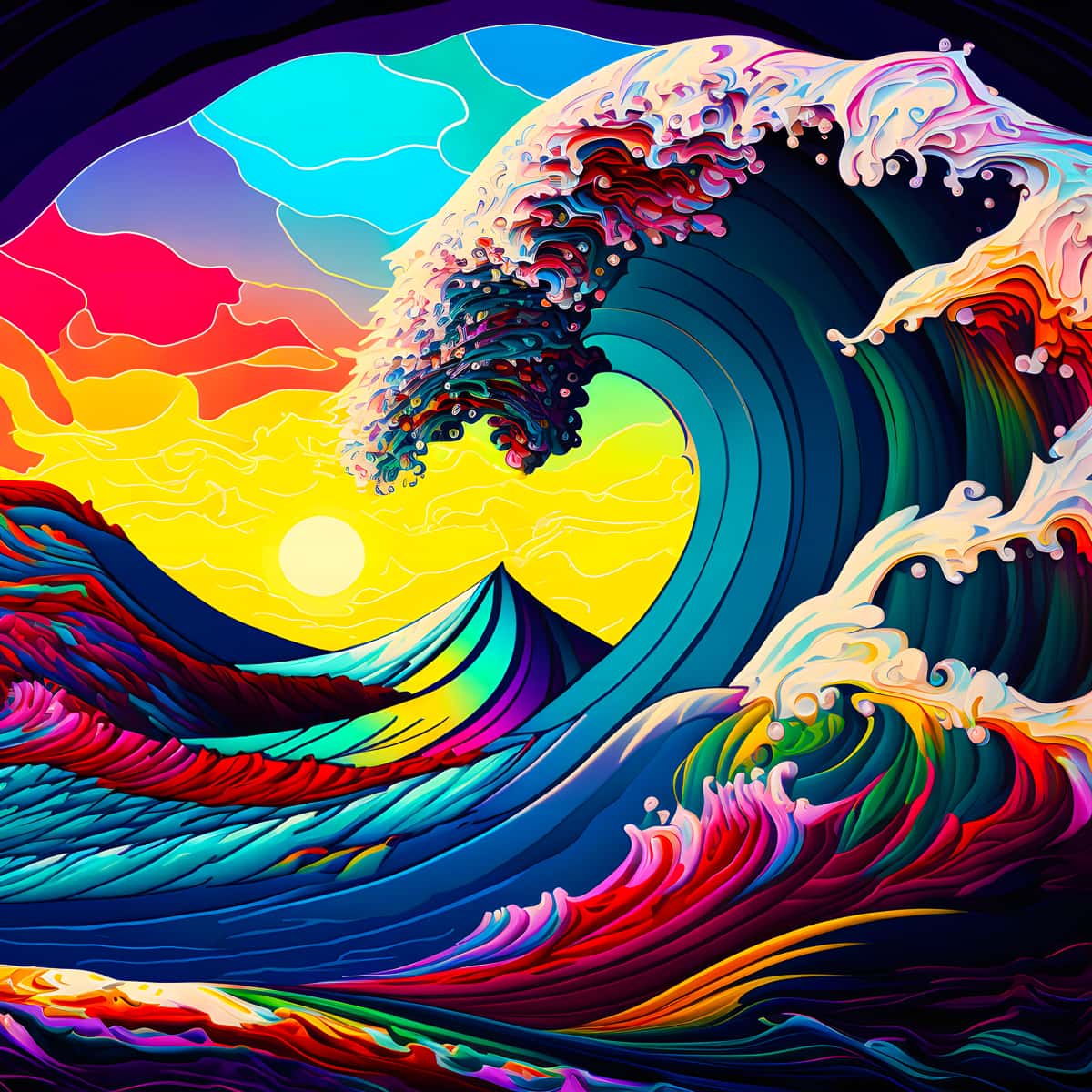 Painting of a vibrant rainbow wave with a sunset background, featuring colorful swirls and intricate details.