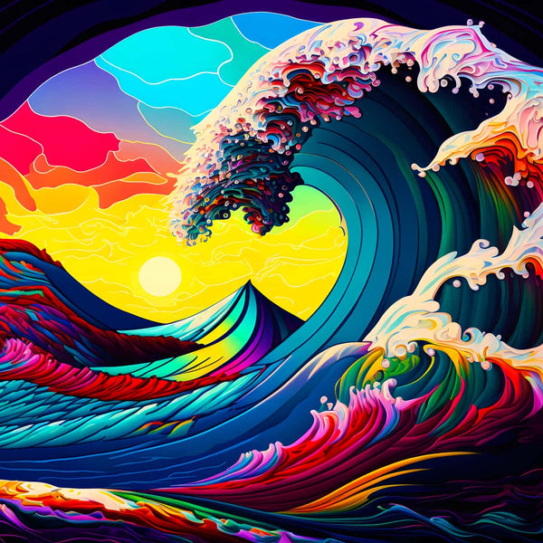 Painting of a vibrant rainbow wave with a sunset background, featuring colorful swirls and intricate details.