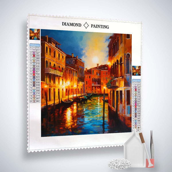 Diamond Painting Kit Venedig Abstrakt with canal view and glowing buildings, complete with acrylic diamonds and tools