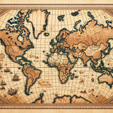 Vintage world map art in sepia tones, depicting detailed cartography, continents, oceans, ship silhouettes, and historical maritime routes.