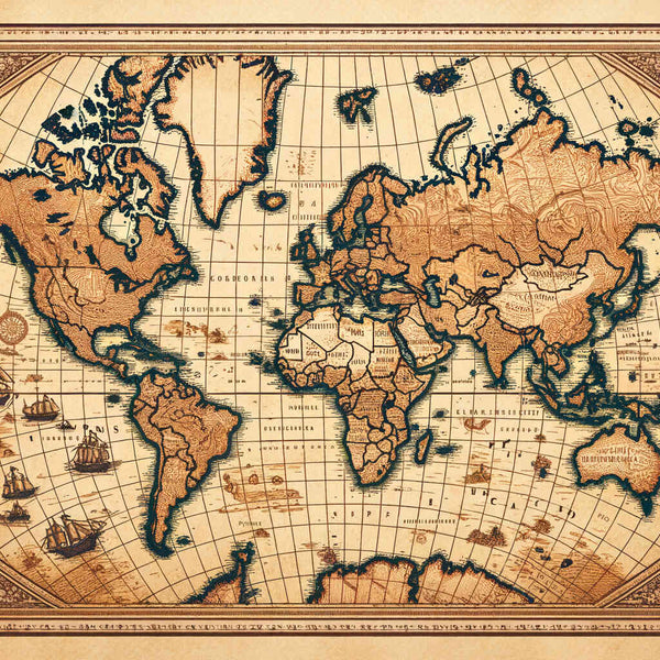 Vintage world map art in sepia tones, depicting detailed cartography, continents, oceans, ship silhouettes, and historical maritime routes.