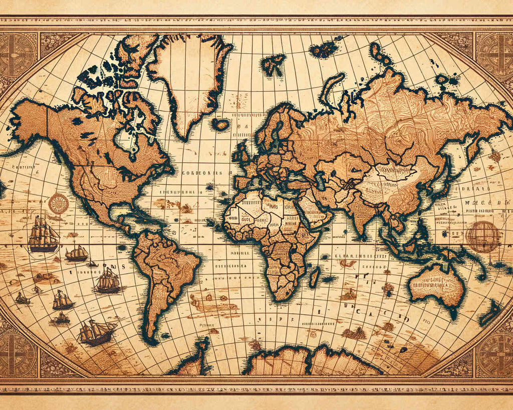 Vintage world map art in sepia tones, depicting detailed cartography, continents, oceans, ship silhouettes, and historical maritime routes.