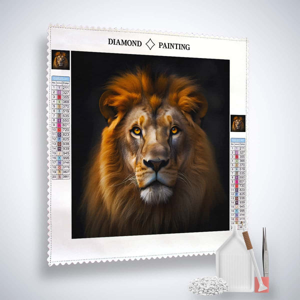 Diamond Painting Kit with frontal lion portrait, including canvas, acrylic diamonds, tweezer, setting pen, and fixer tool.