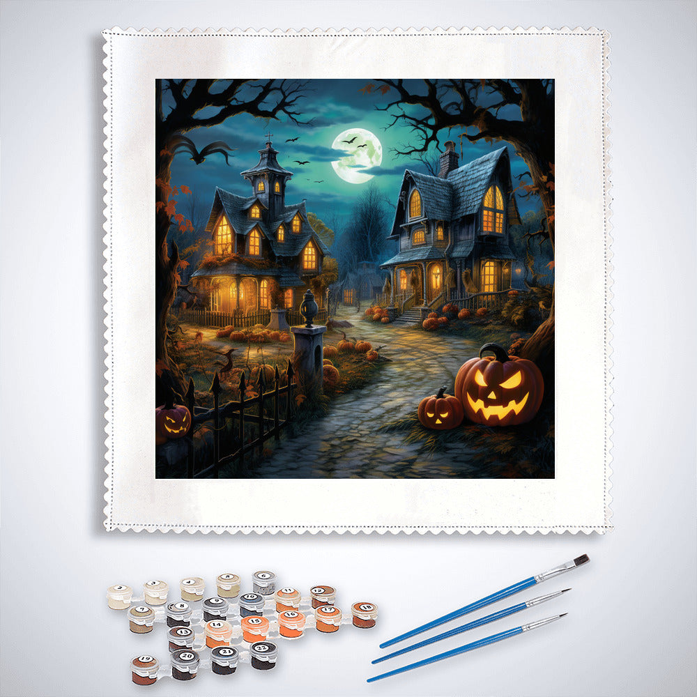 Halloween-themed paint by numbers kit featuring a spooky village with pumpkins, brushes, and paint pots against a moonlit sky.