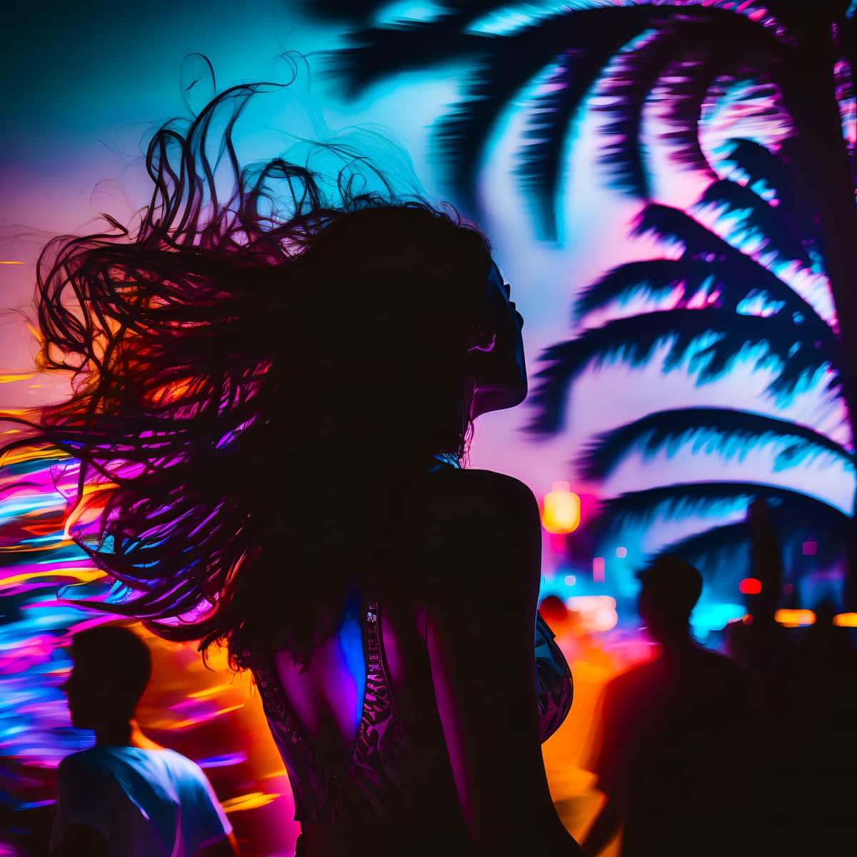 Woman dancing at a vibrant night party with palm trees and colorful neon lights in the background