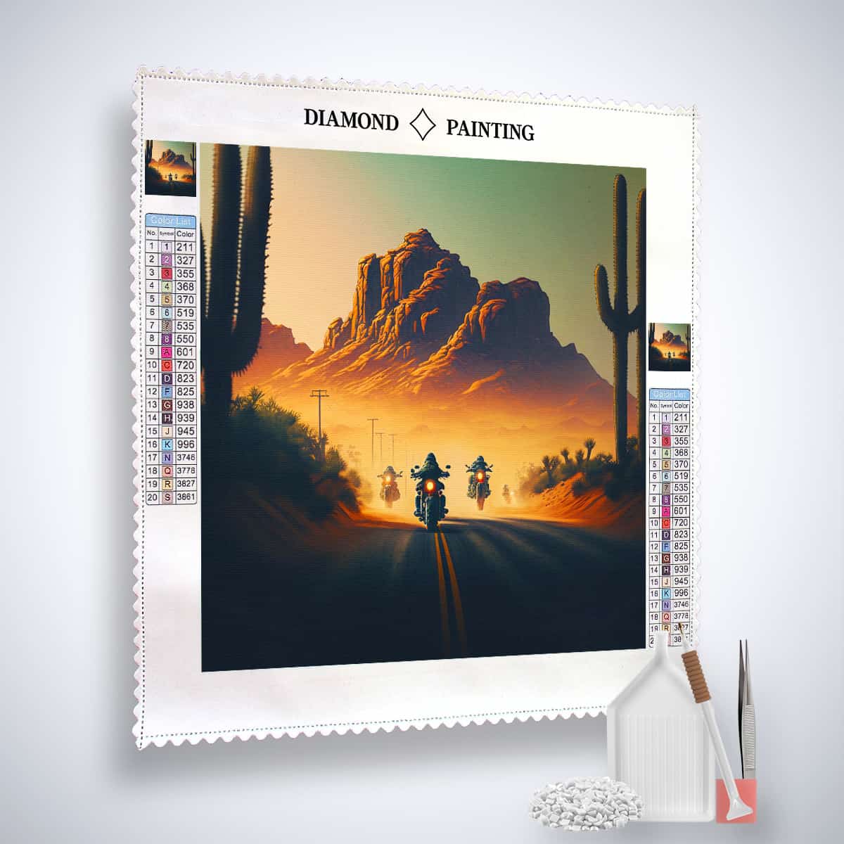 Diamond Painting Kit Asphalt Cowboy with acrylic diamonds, artist tweezers, and professional setting tools in front of a desert landscape.
