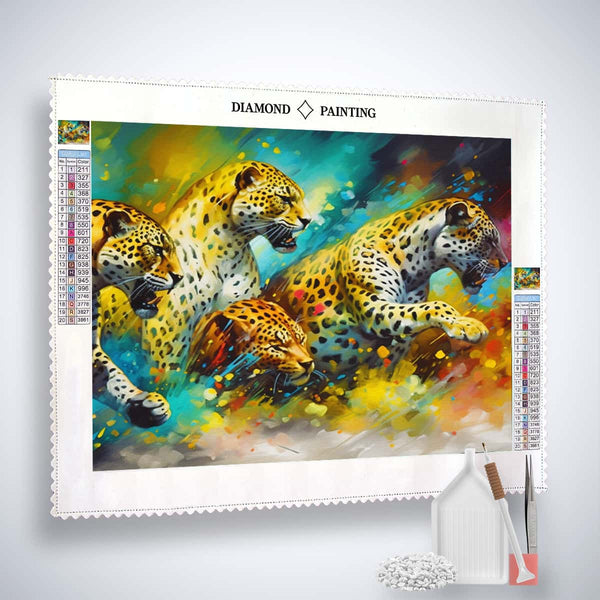 Diamond Painting Kit featuring a vibrant Leopardenbande design with professional canvas, acrylic diamonds, tweezers, and setting pen.