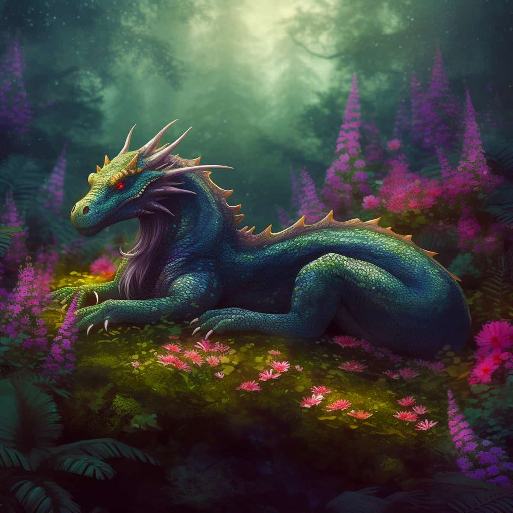 Mystical dragon resting in enchanted forest with vibrant pink and purple flowers, part of the Diamond Painting Kit - Flüstern des Windes