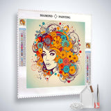 Diamond Painting Kit - Frau mit Blumenfrisur, Profi-Leinwand mit farbenfrohen Blumen, inklusive Acryl Diamonds und Künstler-Werkzeug.