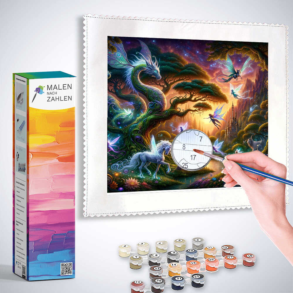 Painting by numbers kit for "Sternenflüstern im Feenwald" with a hand using a brush and numbered paint pots.