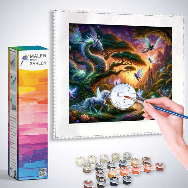 Painting by numbers kit for "Sternenflüstern im Feenwald" with a hand using a brush and numbered paint pots.