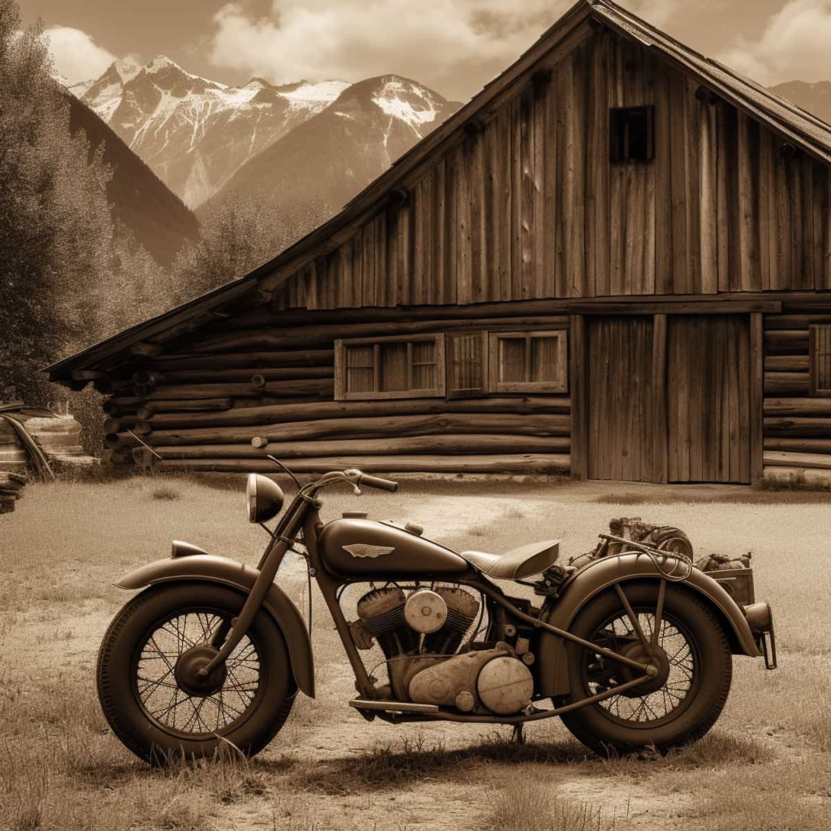 Retro motorcycle in front of a rustic wooden cabin with mountains in the background