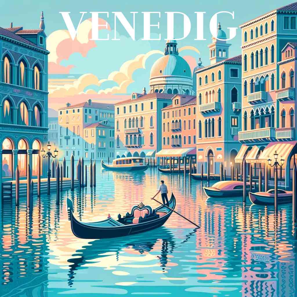 Malen nach Zahlen "Sehnsucht nach Venedig" Bild mit Gondel auf einem ruhigen Kanal, umgeben von farbenfrohen Gebäuden und dem Dom von Venedig