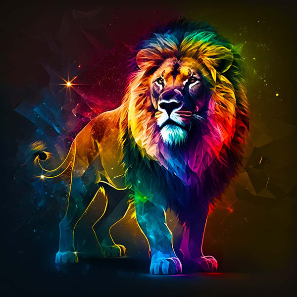 Neon colored lion in outer space, showcased in a vibrant paint-by-numbers artwork.