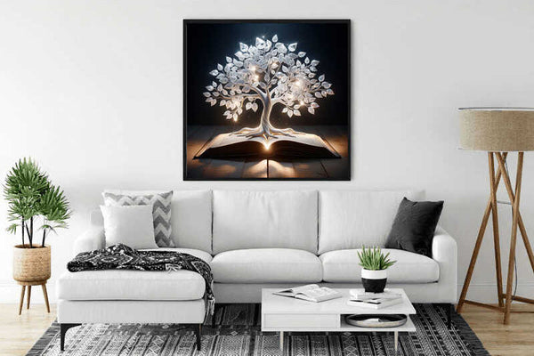 Modern living room with white sofa, adorned with a painting of "Baum des Funkelns" above, depicting a glowing tree growing from a book.