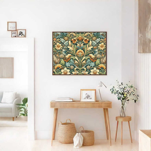Malen nach Zahlen - Goldene Lilien im barocken floralen Design an der Wand eines stilvollen Wohnzimmers