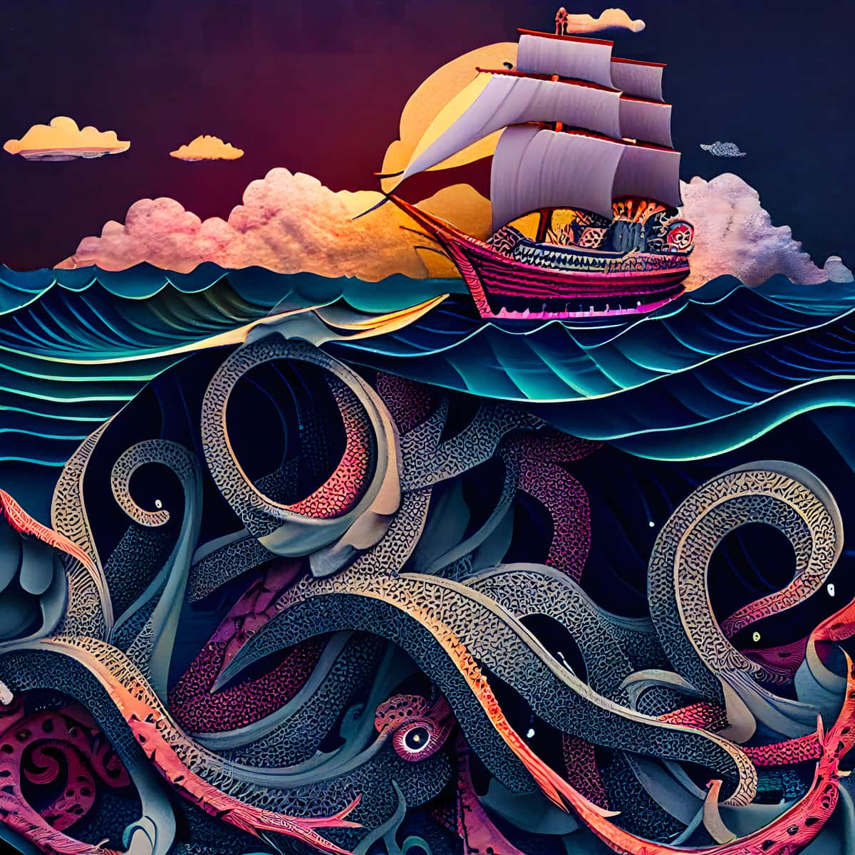 Diamond painting kit featuring a ship battling rough seas with a giant octopus in vibrant colors, perfect for art enthusiasts.