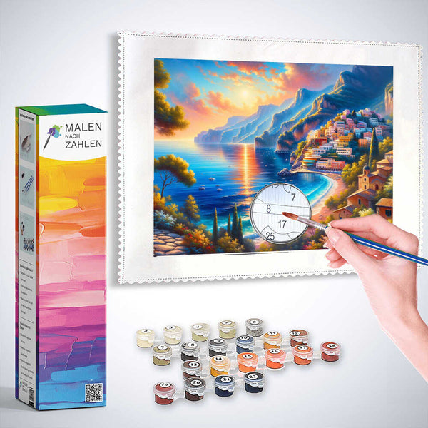 "Malen nach Zahlen - Mediterranes Paradies: Bild eines mediterranen Dorfes mit Blau- und Orangetönen, Haus und Küstenszene."
