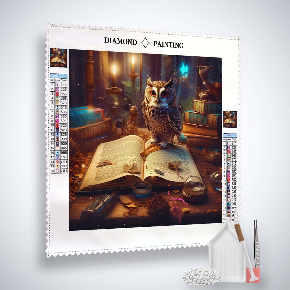 Diamond Painting Kit with Owl, Book, and Candles – Complete Set Including Acrylic Diamonds, Tweezers, and Setzstift.