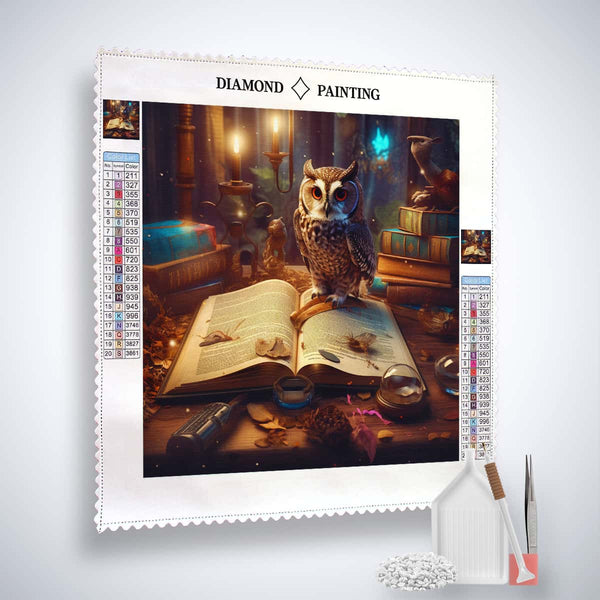 Diamond Painting Kit with Owl, Book, and Candles – Complete Set Including Acrylic Diamonds, Tweezers, and Setzstift.